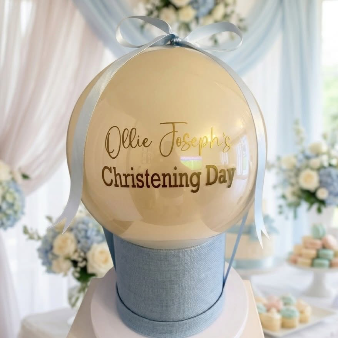 Christening balloon display with personalised name Swinton